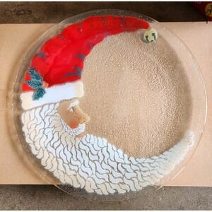 Peggy Karr Signed 13 1/4" Crescent Moon Santa Glass Plate,  Beautiful Flawless